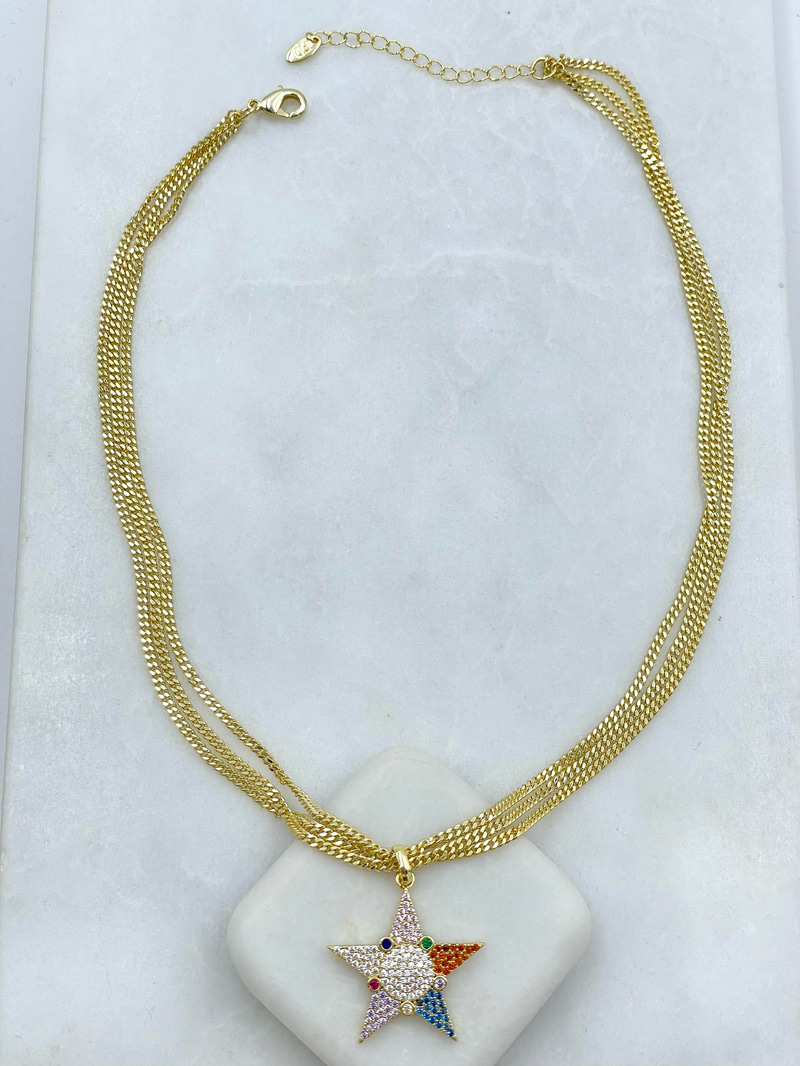 Altın Kaplama Renkli Kristal Taşlı Yıldız Kolye Gold