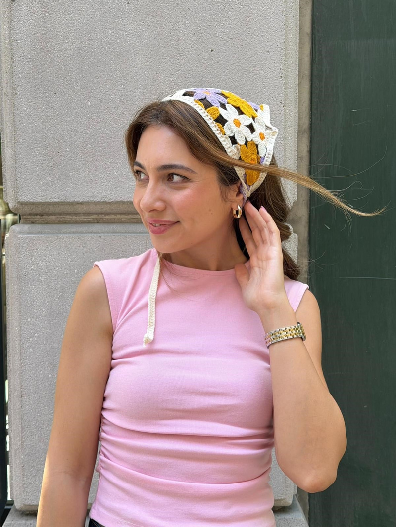 Papatya Motifli Örgü Bandana Mor