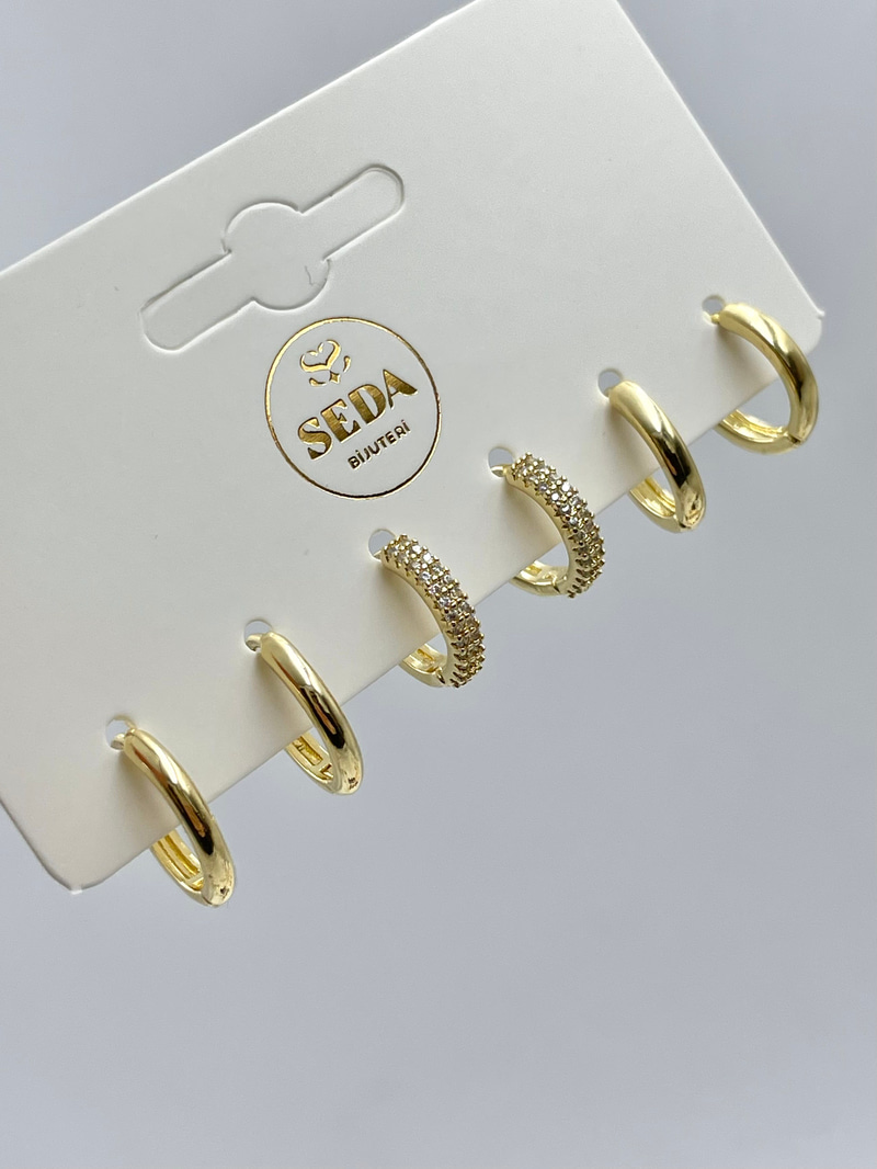 Altın Kaplama Gömme Taşlı ve Basic Halka Model Altılı Set Küpe Gold