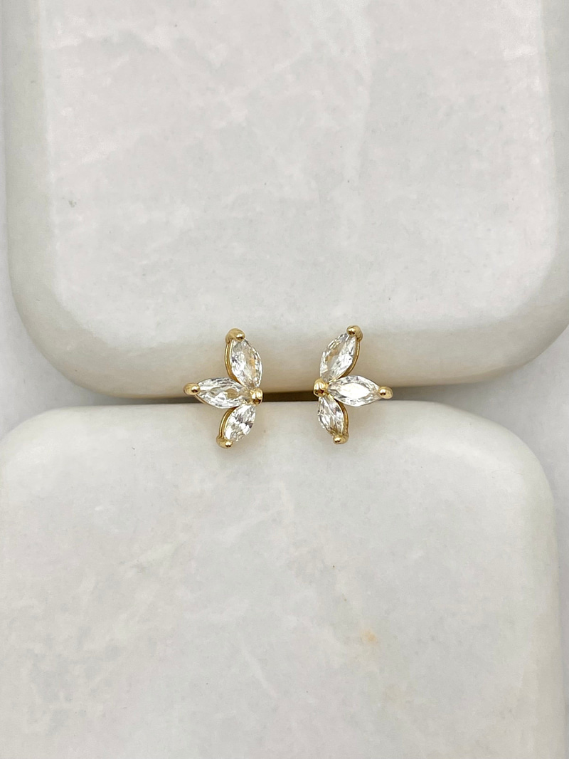 Özel Seri Minimal Kristal Taşlı Üç Yaprak Küpe 1 cm Gold