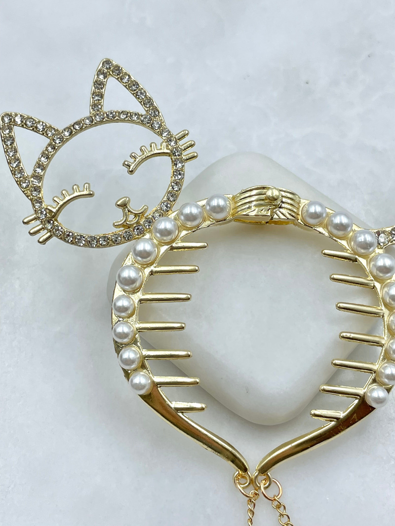 Gömme Taşlı ve İncili Kedi Topuz Tokası Gold