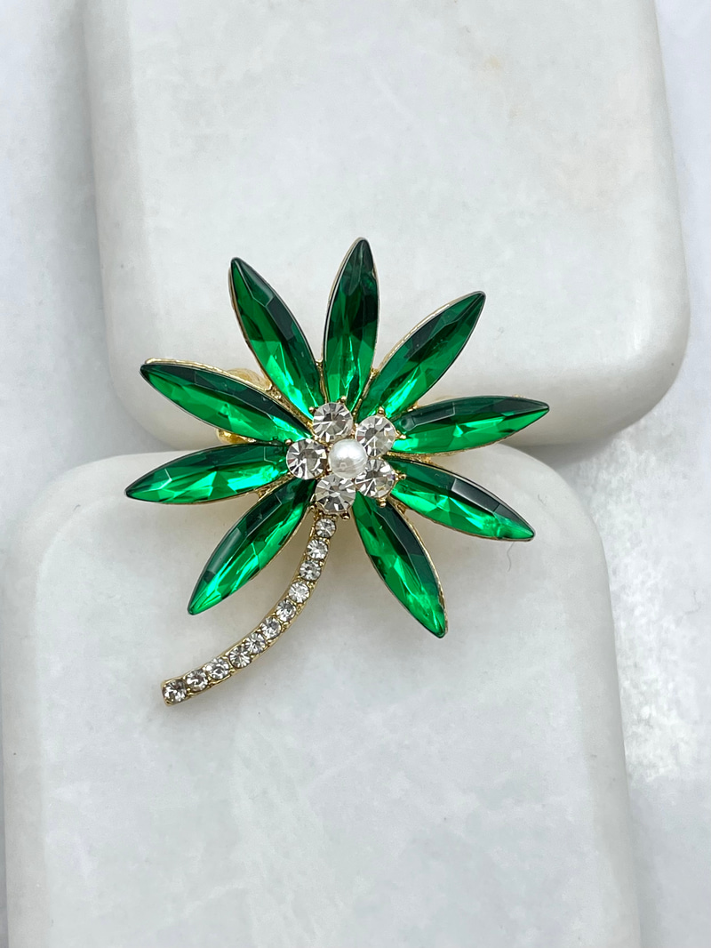 Kristal ve Gömme Taşlı Çiçek Broş Yeşil