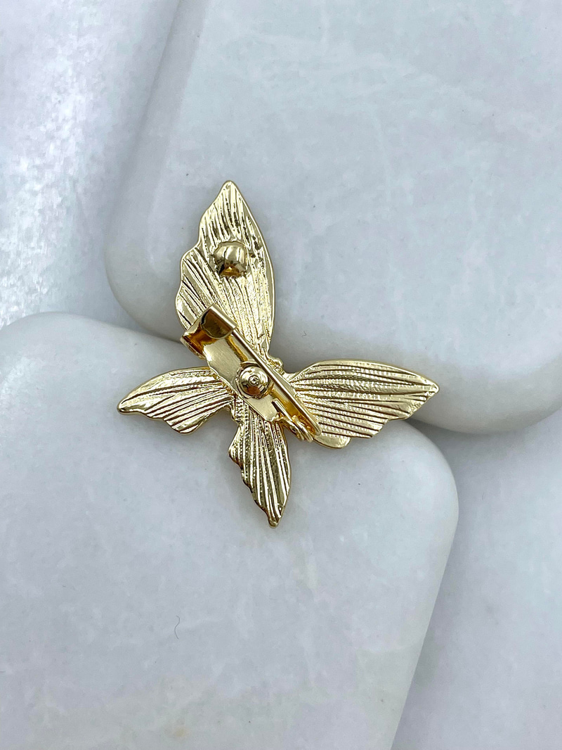 Mineli Çiçekli Kelebek Broş Gold
