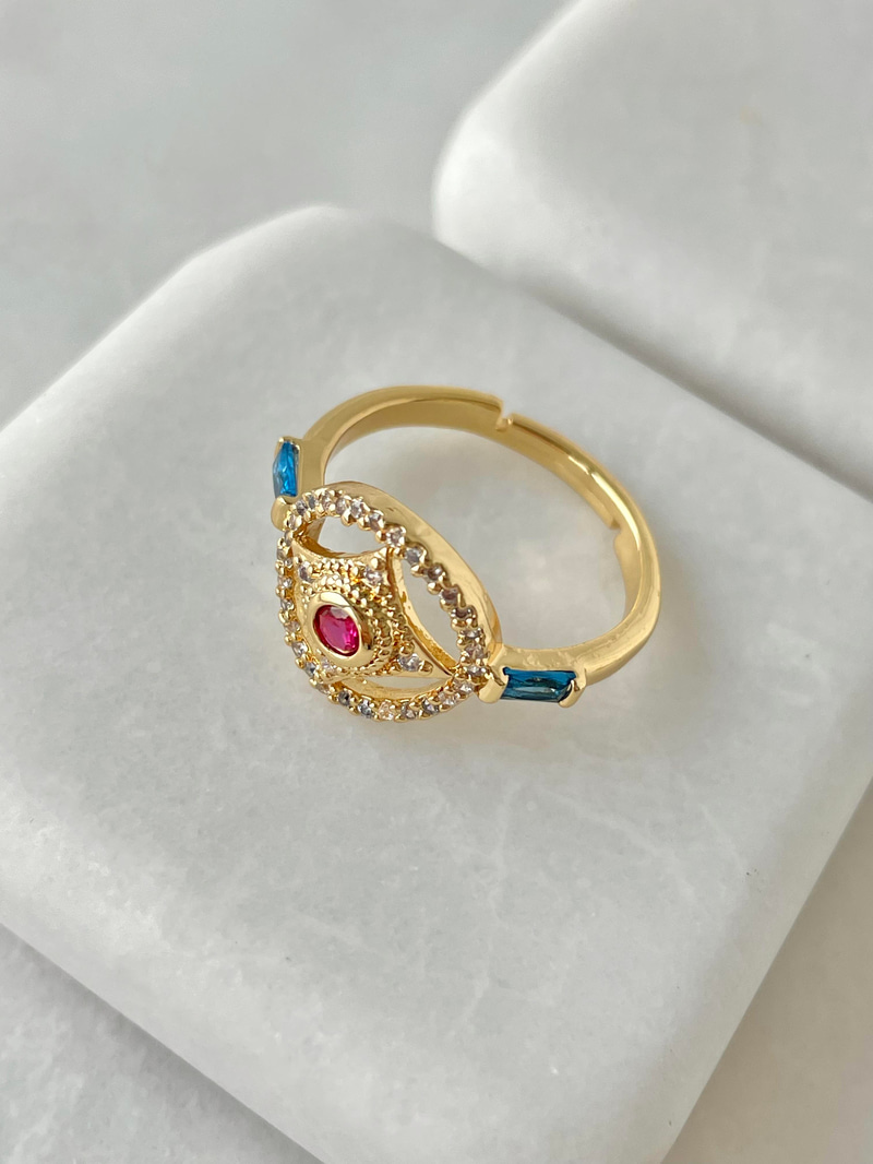 Altın Kaplama Renkli Kristal Taşlı Daire Yüzük Gold