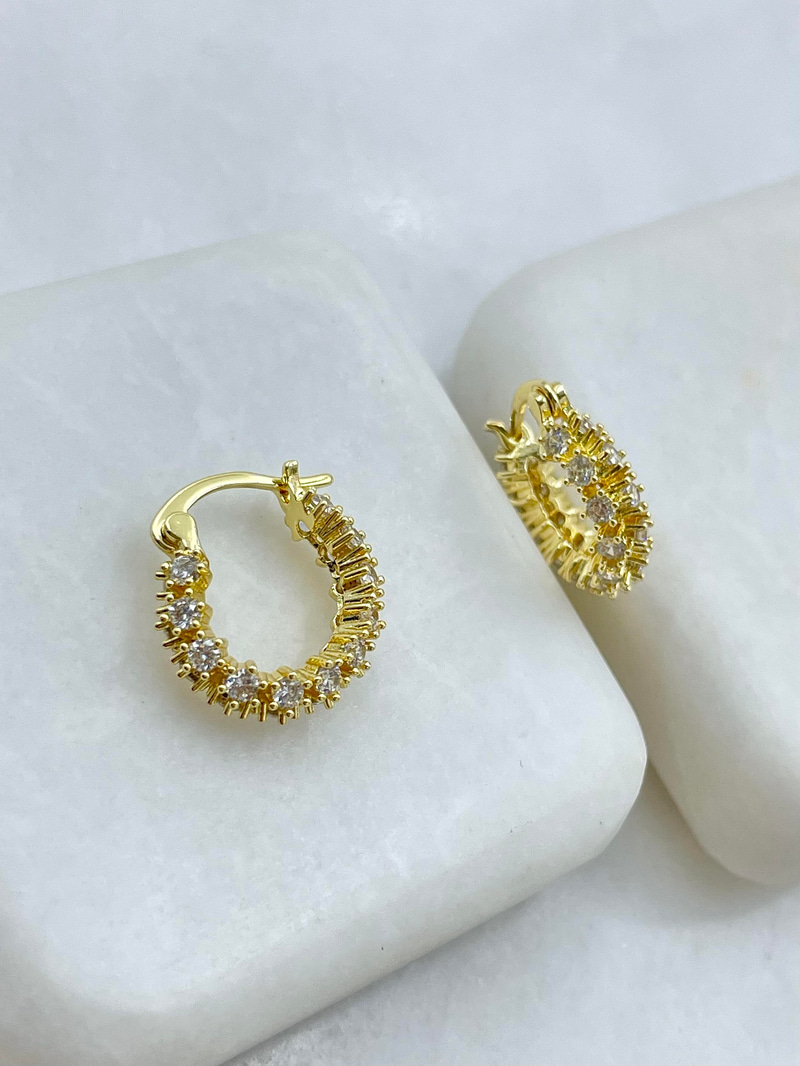Altın Kaplama Çift Sıra Kristal Taşlı Halka Küpe Gold