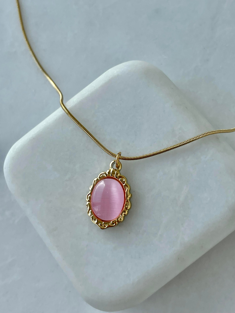 Çelik Opal Taşlı Etnik Desen Kolye Pembe-Gold