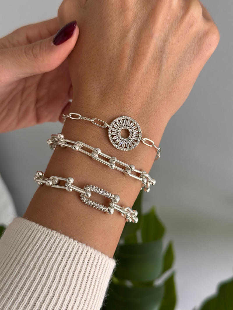 Kristal Taşlı Daire Bileklilk Gümüş