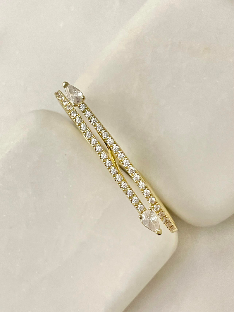 Altın Kaplama Kristal Taşlı Tasarım İkiz Yüzük Gold