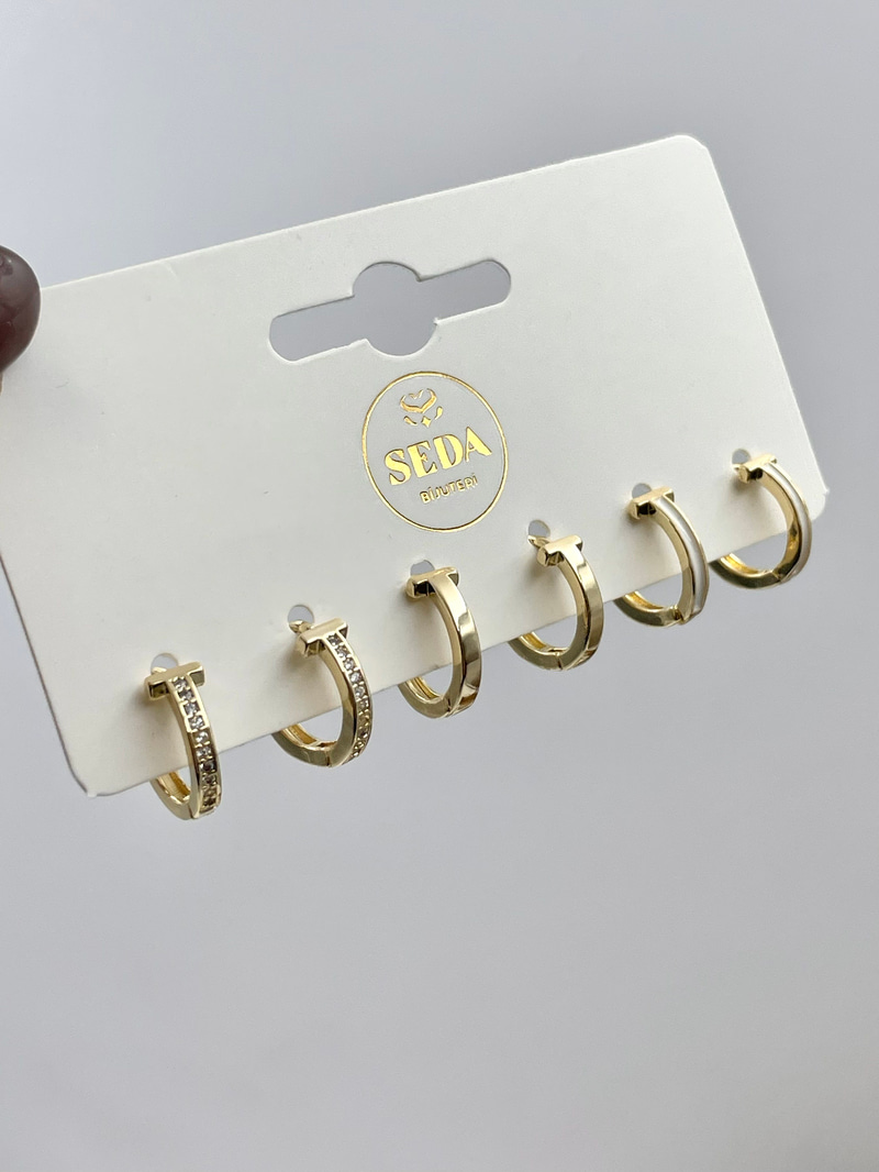 Sedefli ve Gömme Taşlı Çivi Model Altılı Set Küpe Gold