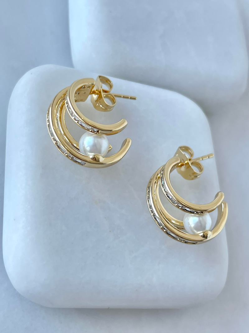 Özel Seri İncili Kristal Taşlı Üçlü Görünüm Küpe Gold
