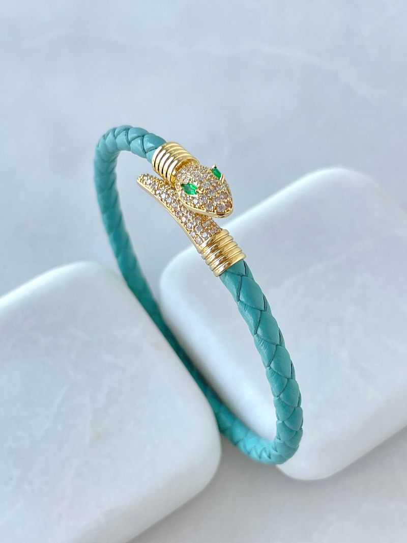 Altın Kaplama Zirkon Taşlı Yılan Model Suni Deri Bileklik Mavi