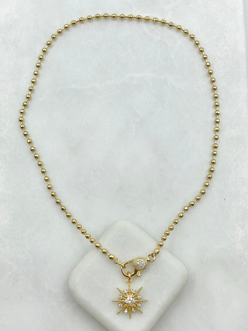 Kuzey Yıldızı Sallantılı Topçuk Zincir Önden Kilit Kolye Gold