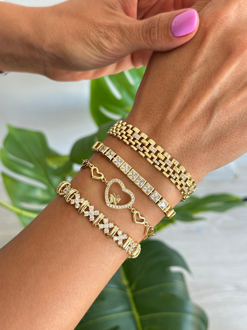 Özel Seri Gold Detaylı X Kristal Taşlı Bileklik Gold