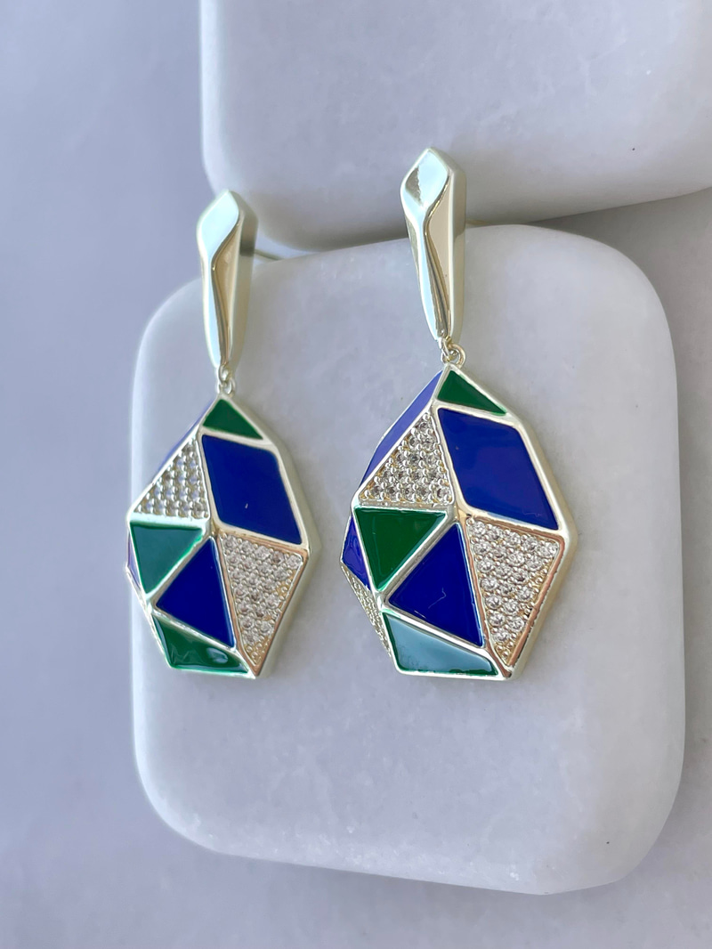 Altın Kaplama Taşlı Mineli Geometrik Küpe Gold