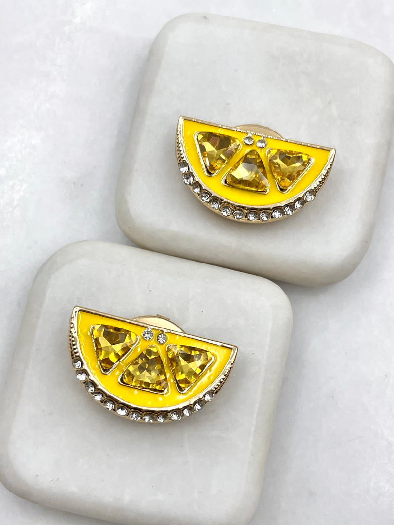 Kristal Taşlı Limon Dilimi Düğme Broş Renkli