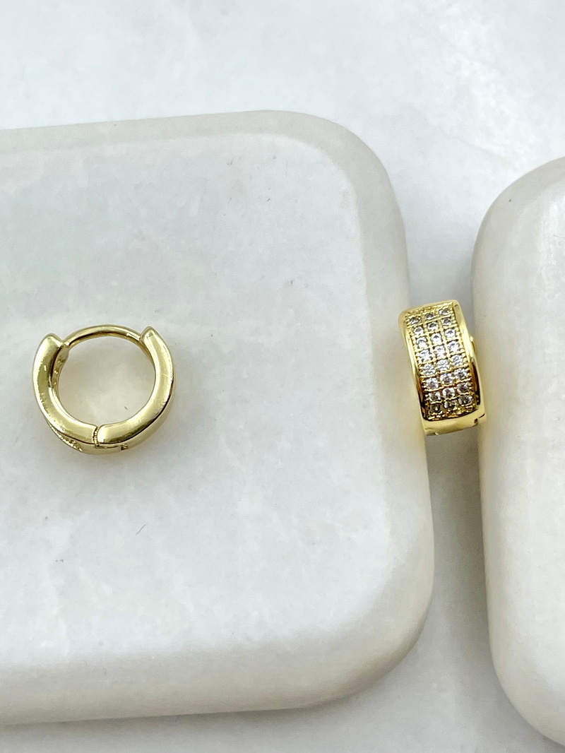 Özel Seri Üç Sıra Gömme Taşlı Halka Küpe 1.3 cm Gold