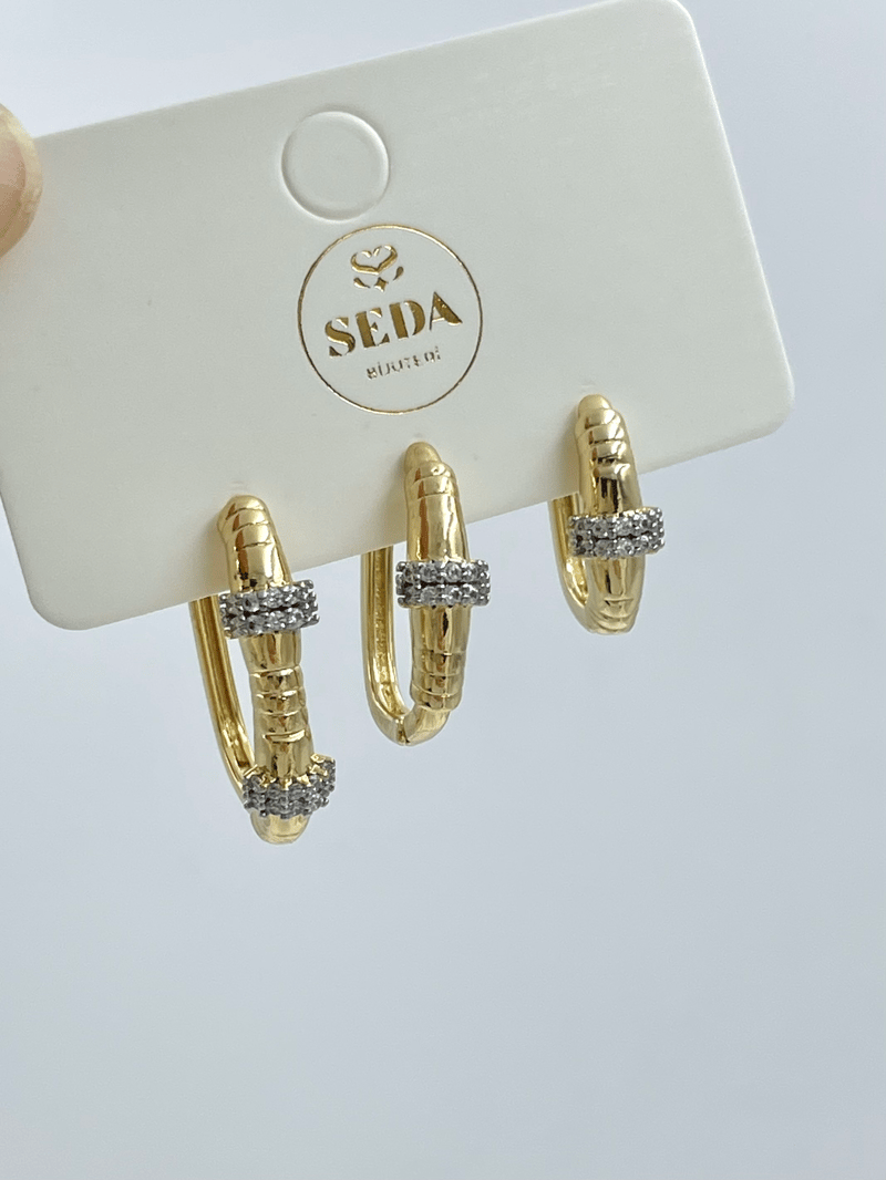 Altın Kaplama Üçlü Çift Renk U Set Küpe Gold
