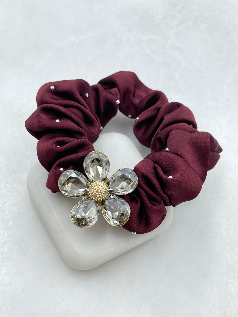 Kristal Çiçekli Premium Scrunchie Toka Bordo