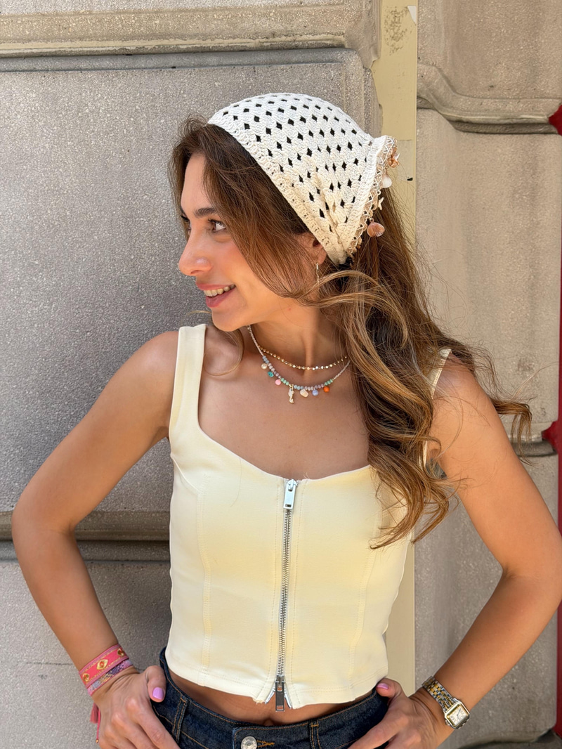 Denizkabuğu Saçaklı Üçgen İpli Bandana Ekru