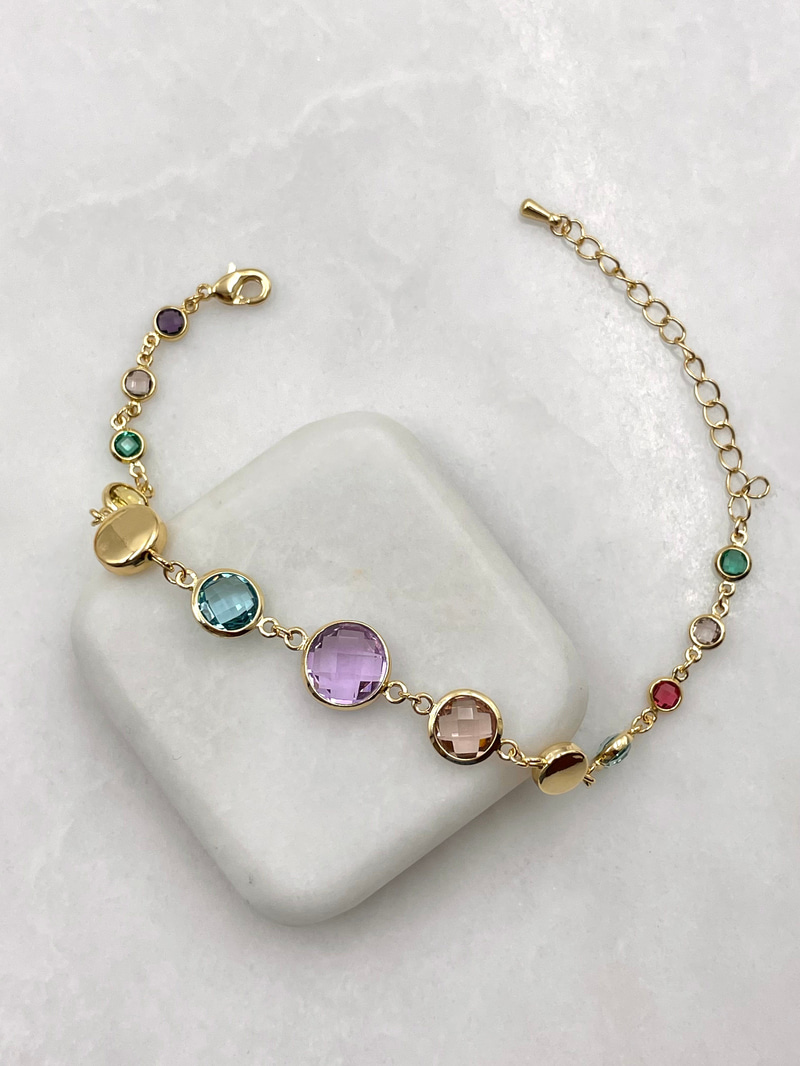 Büyük Küçük Renkli Kristal Taşlı Daire Bileklik Gold
