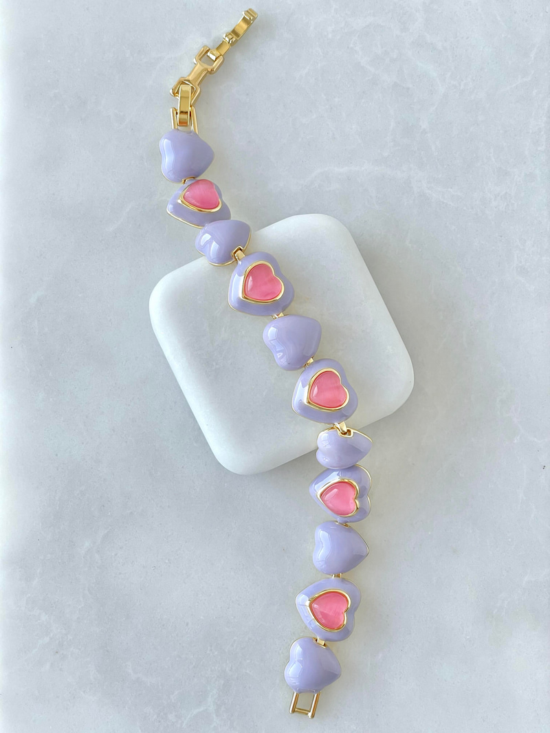 Altın Kaplama Pembe ve Mor Kalpli Bileklik Gold