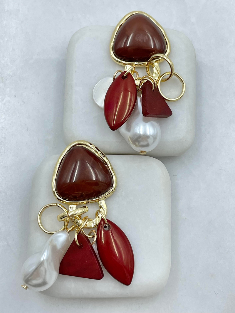 Altın Kaplama İnci Sallantılı Opal Taşlı Vintage Küpe Bordo