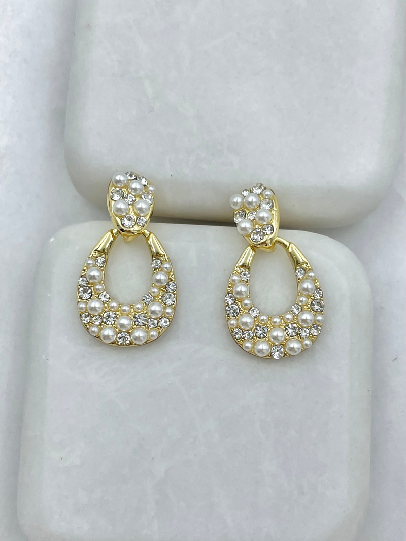 Altın Kaplama İncili ve Kristal Taşlı Oval Küpe Gold