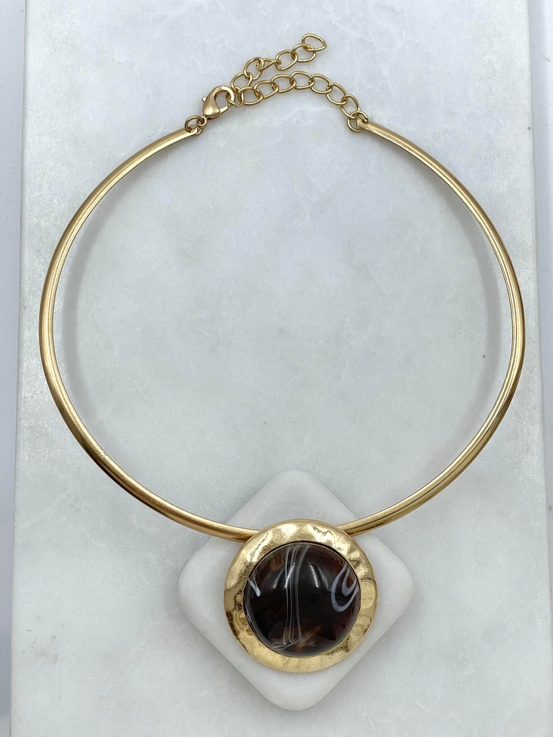 Altın Kaplama Doğal Taşlı Vintage Choker Kolye Kahve