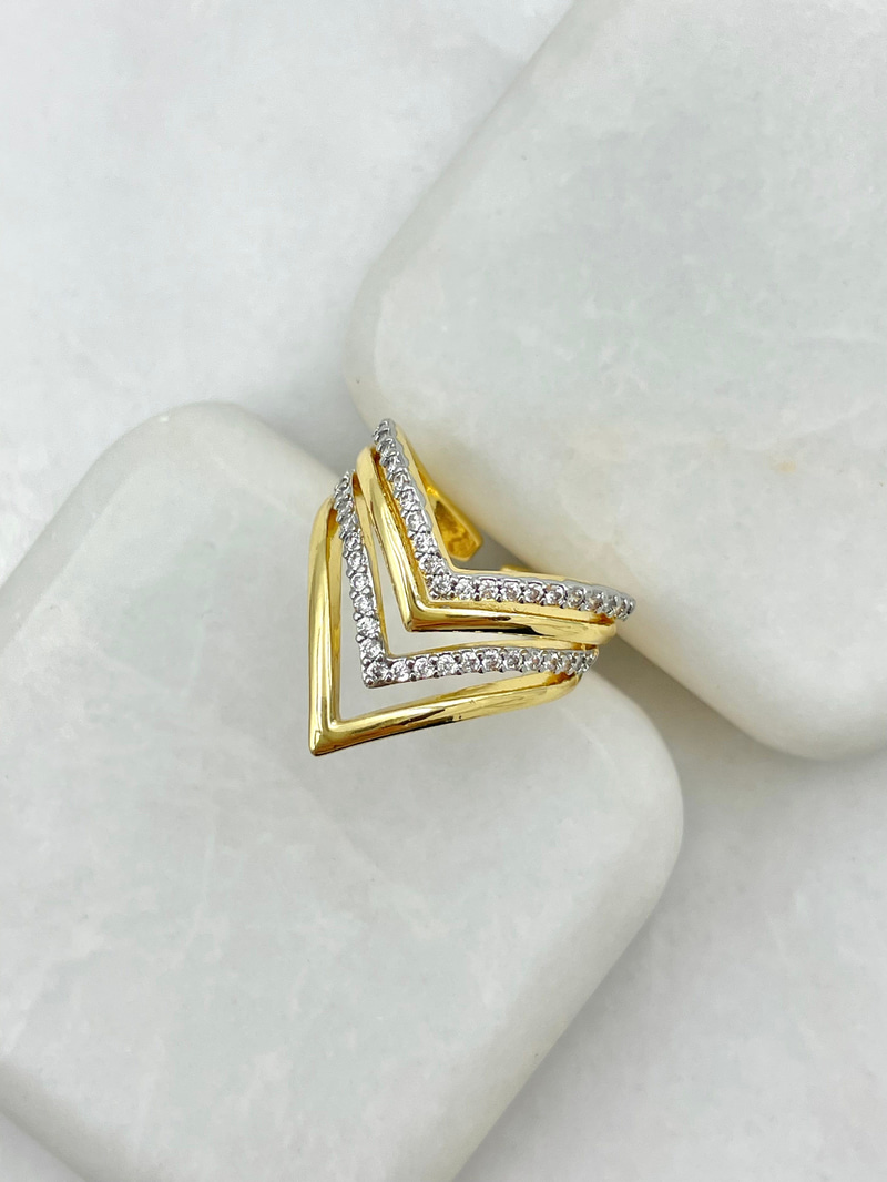 Çift Renk Gömme Taşlı V Model Yüzük Gold