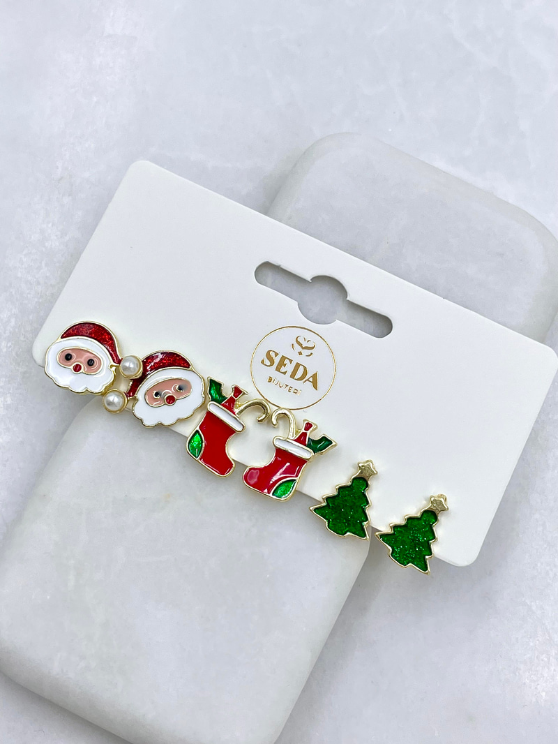 Altın Kaplama Minimal Altılı Noel Baba ve Yılbaşı Ağacı Küpe Seti Gold