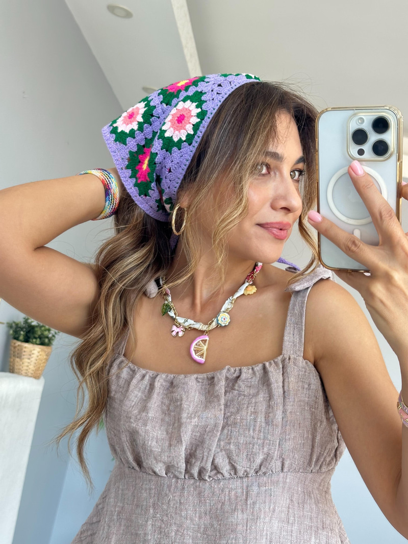 Çiçek Desenli Örgü Bandana Mor
