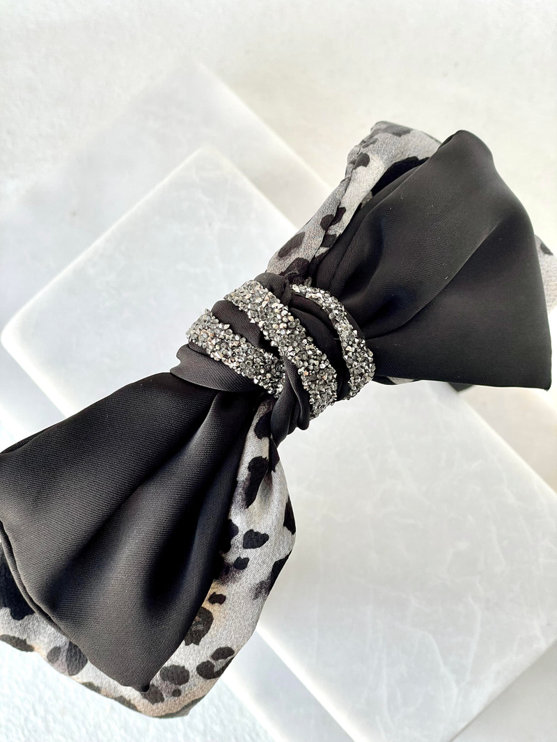 Leopar Desenli Saten Fiyonk Bandana Taç Gri