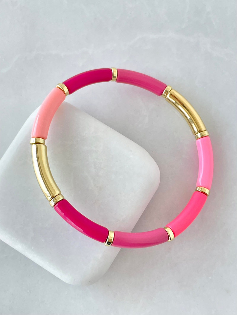 Gold Detaylı Boru Boncuk Lastik Bileklik Pembe Gold