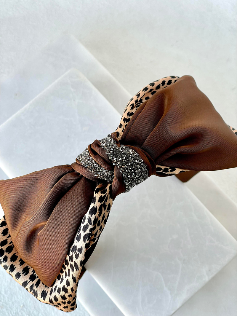 Leopar Desenli Saten Fiyonk Bandana Taç Bej