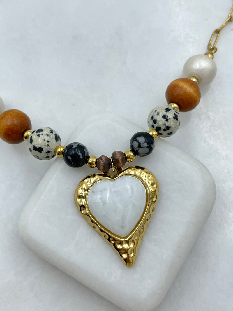 Çelik Opal Kalp Sallantılı Boncuk Kolye Gold