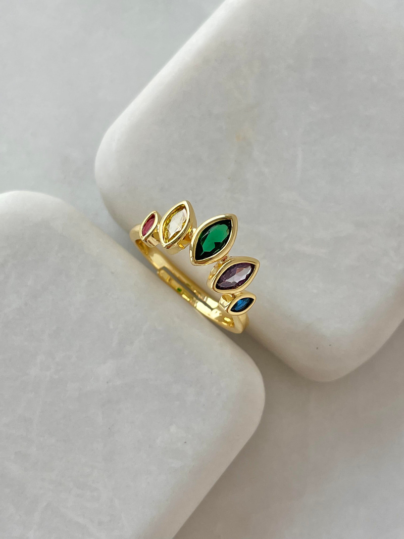 Altın Kaplama Oval Renkli Taşlı Yüzük Gold