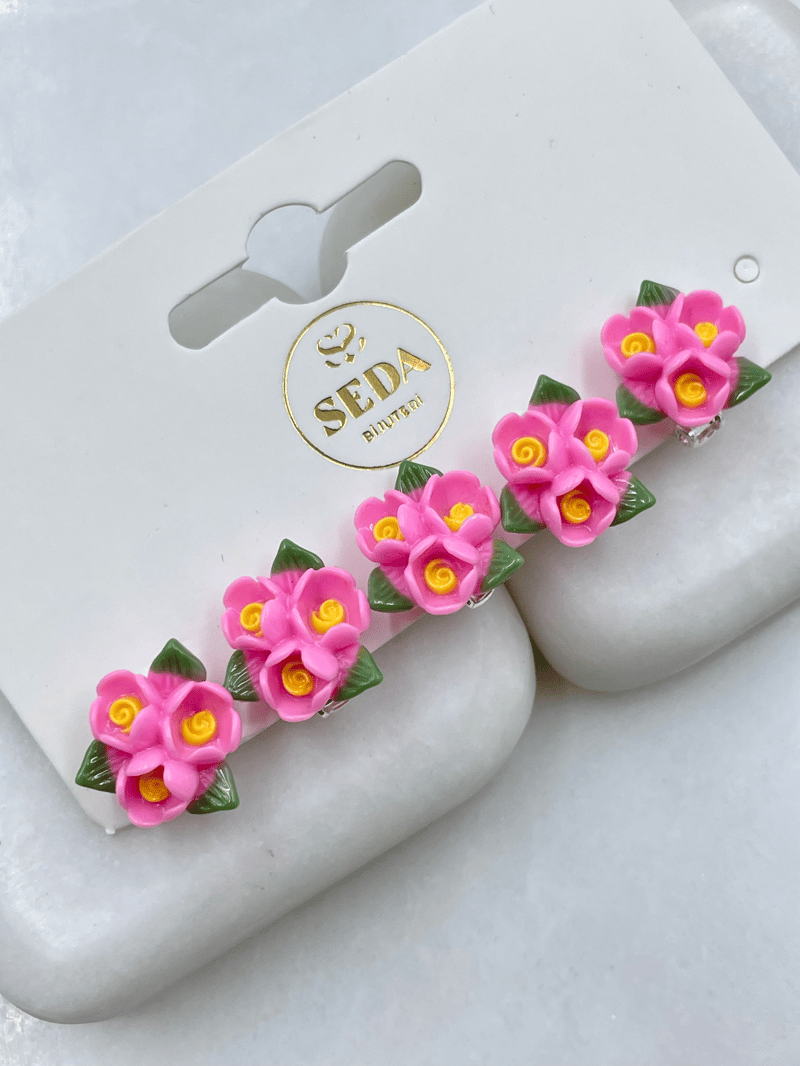 Üçlü Çiçek Model Saç Küpesi Pembe