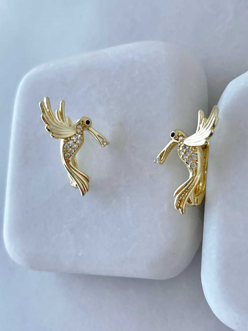 Altın Kaplama Gömme Taşlı Kuş Model Küpe Gold