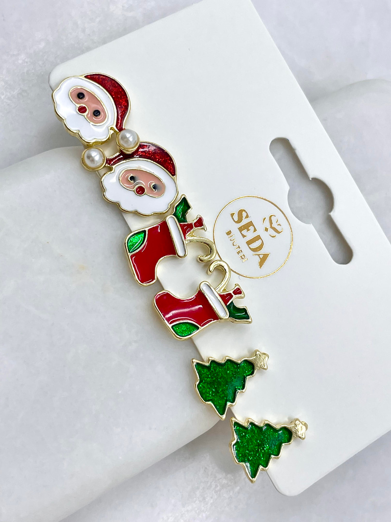 Altın Kaplama Minimal Altılı Noel Baba ve Yılbaşı Ağacı Küpe Seti Gold