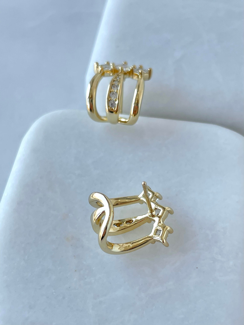 Özel Seri Kristal Taşlı Üçlü Görünüm Küpe Gold