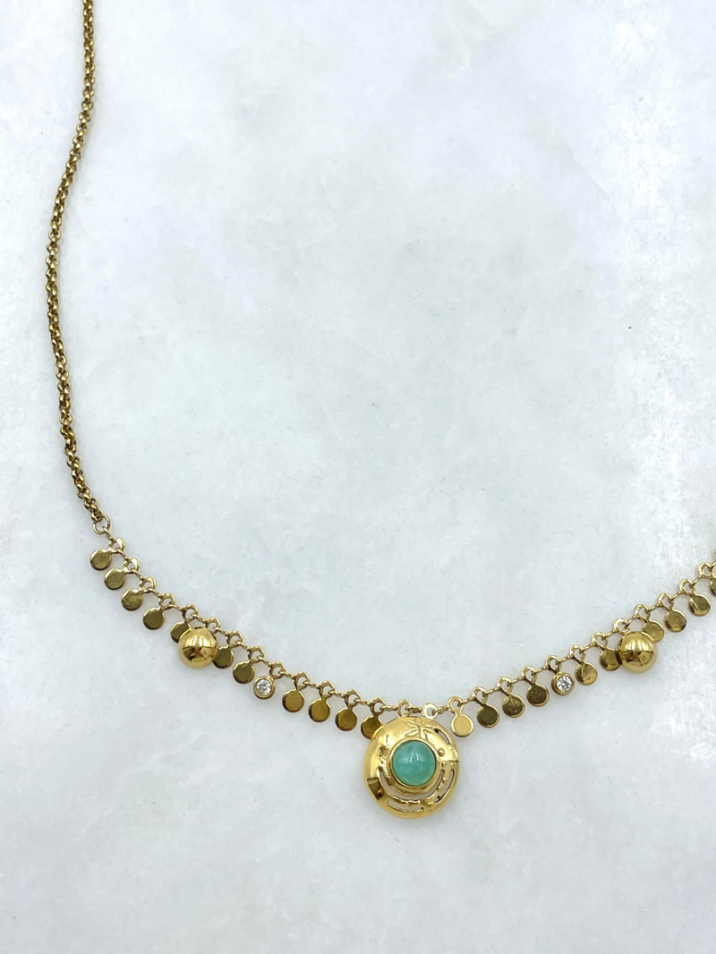 Turkuaz Doğal Taşlı Plaka Sallantılı Vintage Kolye Gold