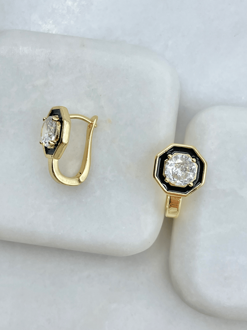 Altın Kaplama Siyah Mineli Kristal Taşlı U Küpe Gold