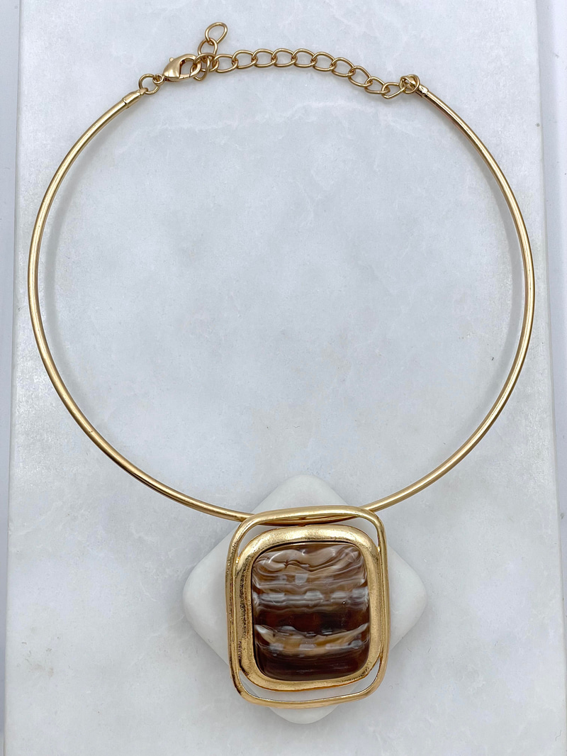 Altın Kaplama Doğal Taşlı Kare Model Vintage Choker Kolye Kahve