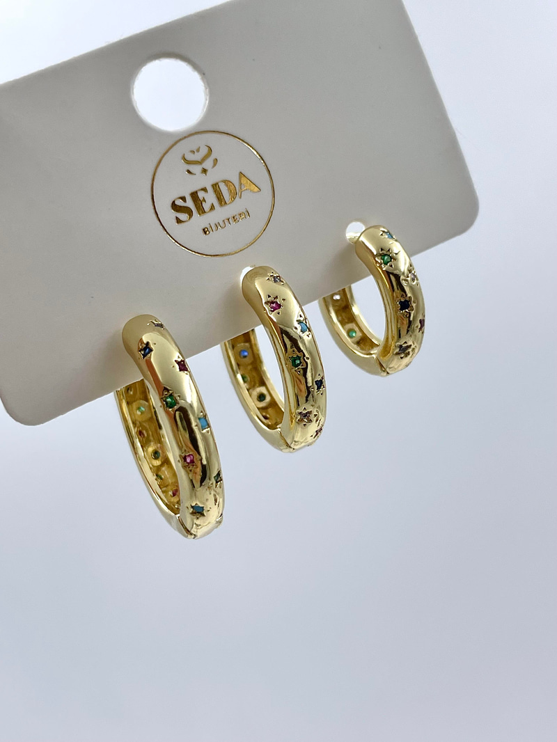 Altın Kaplama Üçlü Renkli Kristal Taşlı Halka Set Küpe Gold