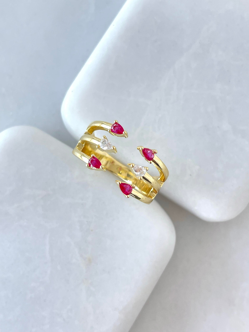 Altın Kaplama Bordo Kristal Taşlı Üçlü Yüzük Gold