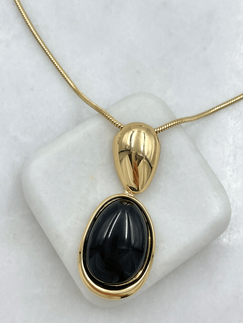 Altın Kaplama Gold Detaylı Oval Taş Model Asansör Kolye Siyah