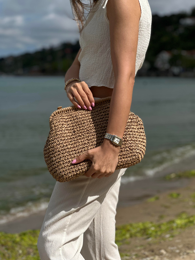 El Örgüsü Hasır Clutch Çanta Camel