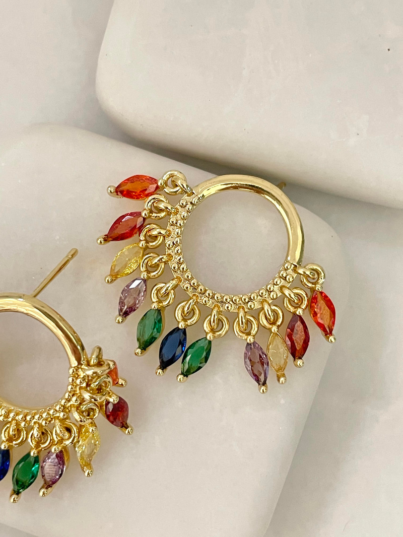 Altın Kaplama Renkli Kristal Taş Sallantılı Daire Küpe Gold