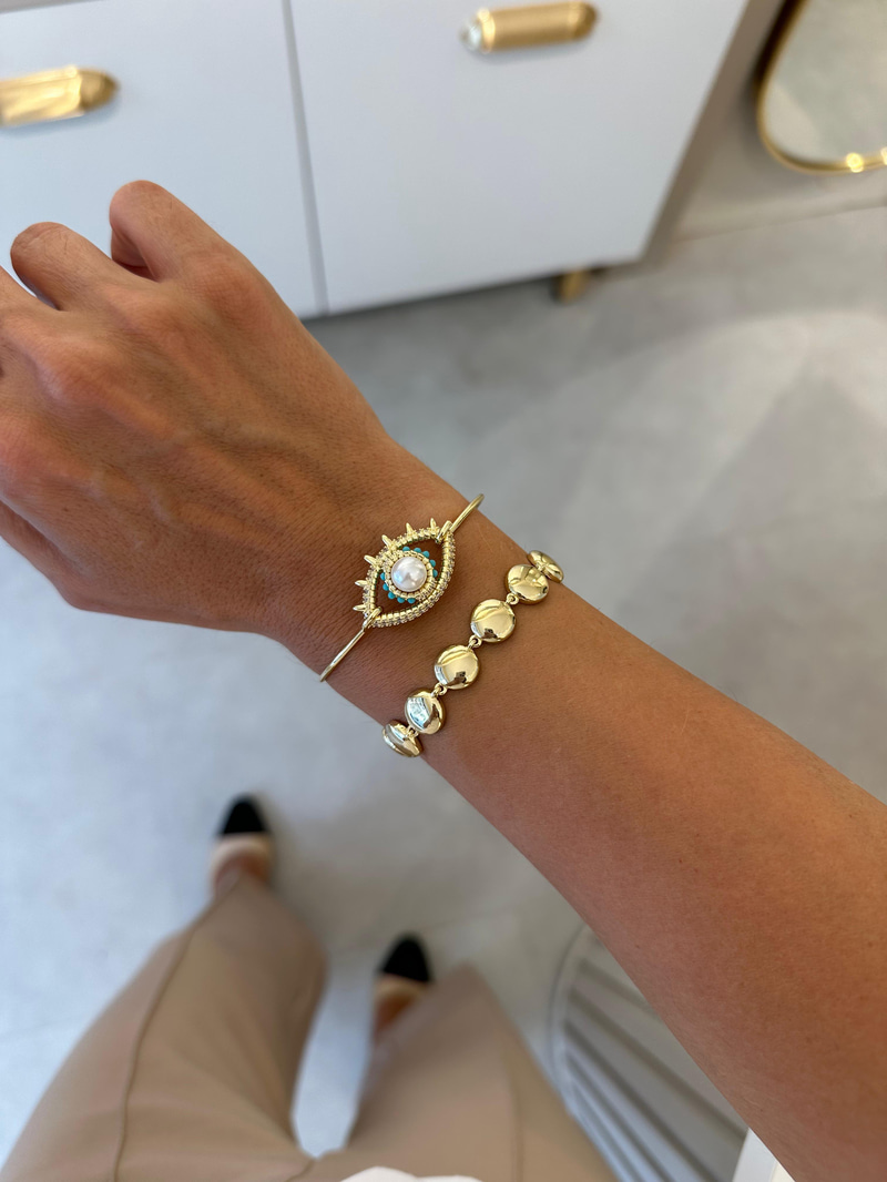 Altın Kaplama Turkuaz Taşlı ve İncili Göz Model Kelepçe Gold