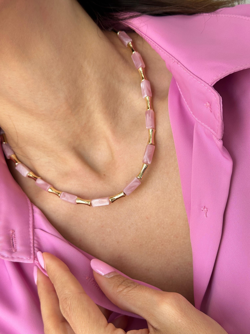 Gold Detaylı Kemik Kolye Pembe